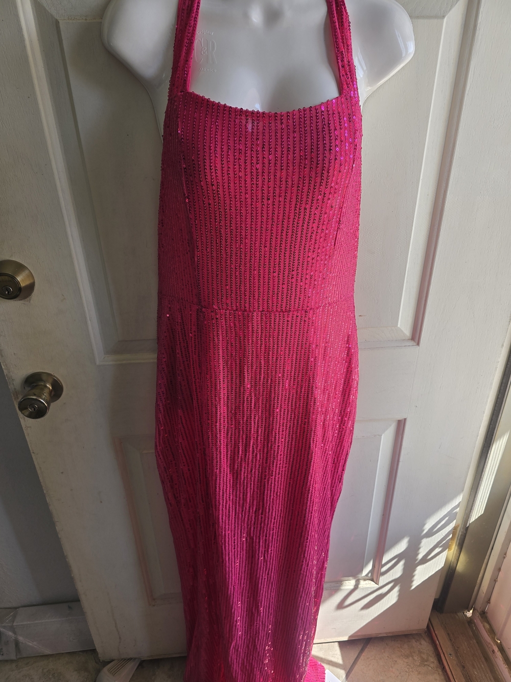 Women's Hot Pink Sequin Halter Evening Dress